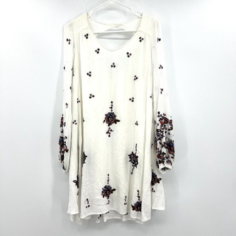 Free People Cream Long Sleeve Dress with Floral Embroidery
